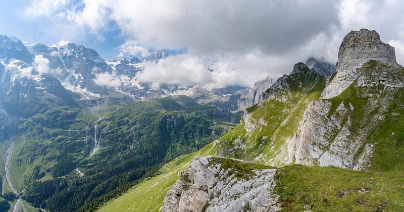 View of mountain landscape with peaks of the Tschingelgrat and Breithorn, clouds moving over mountain landscape, Bernese Alps, Bernese Oberland, Switzerland