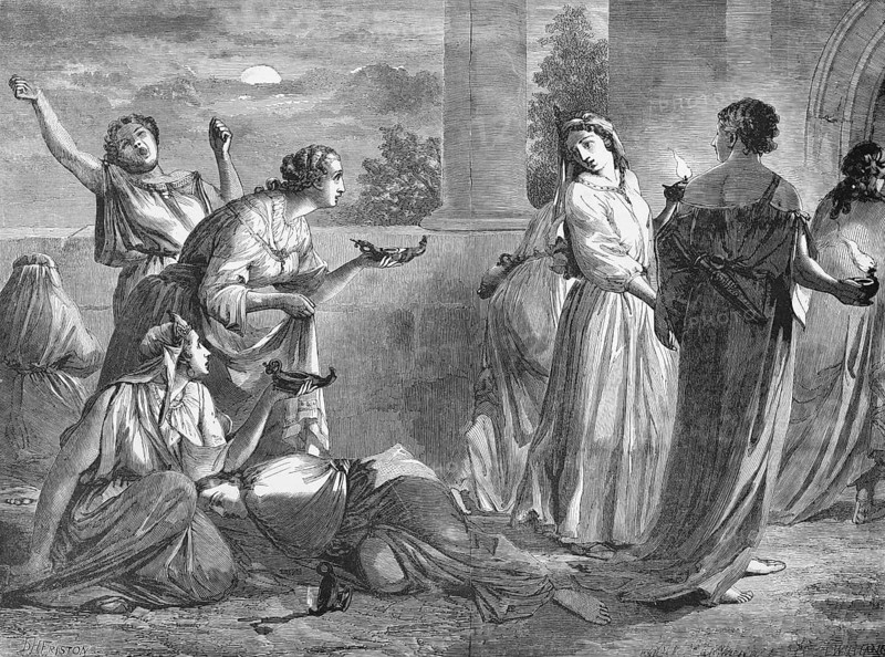 The foolish and the wise virgins, Bible, New Testament, Matthew 25, parable of the ten virgins, bridesmaids, expectation of the bridegroom, wedding party, oil lamps, lamp oil, oil vessels, preparation, alertness, hope, faith, patience, Christian symbolism, burning lamps, warning of carelessness, spiritual wisdom, divine message, likeness of Jesus, seduce, festive vestments, Christian faith, historical illustration around 1850