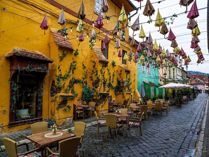 Street cafe in the old town of Sighi?oara, Sighi?oara, Transylvania, Romania
