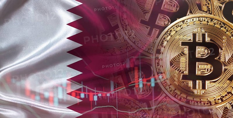 Bitcoin cryptocurrency with Qatari flag. Investors in Blockchain Technology with Qatar flag background