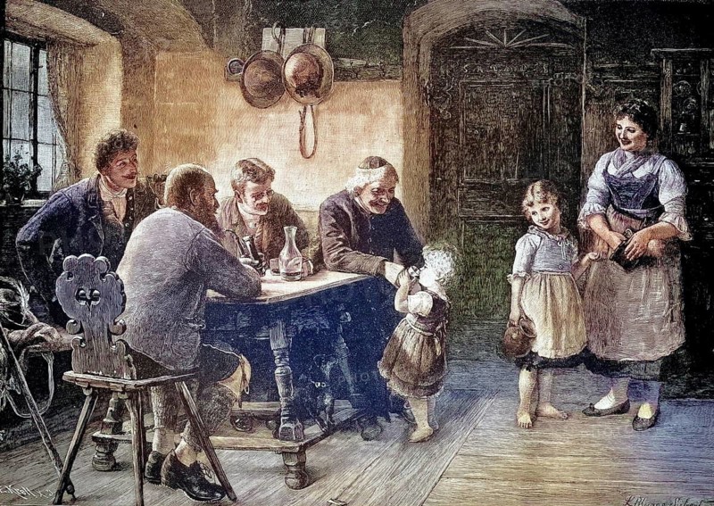 The first wine. The focus is on the elderly man, probably the grandfather, who gently holds a glass to a little girl's lips at the table to try. In the 19th century, sipping wine at family parties was a symbolic ritual. It was considered a small initiatory gesture that playfully integrated the child into the community of adults, a reproduction of a model from the 19th century. Authentic, file restored for optimal use, exact date of original unknown, nostalgically colored