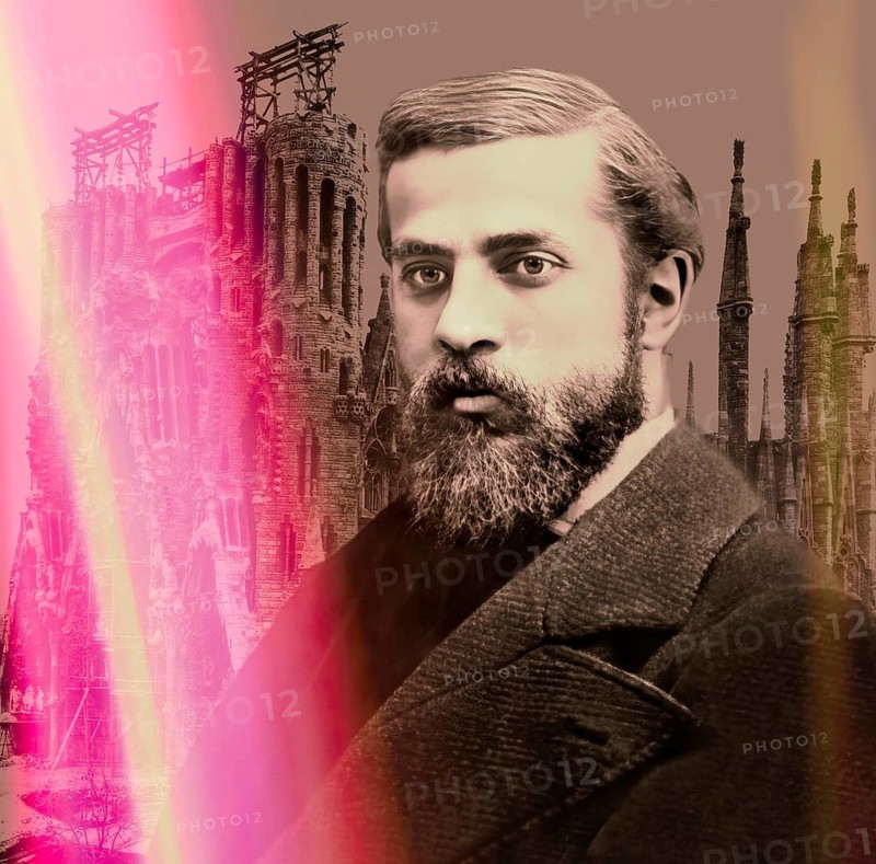 Portrait of Antoni Gaudí i Cornet, 1852 – 1926, Catalan architect and designer from Spain, the greatest exponent of Catalan Modernisme, Construction site of the Basílica i Temple Expiatori de la Sagrada Família, known as Sagrada Família, 1908, Barcelona, Catalonia, Spain, digitally edited