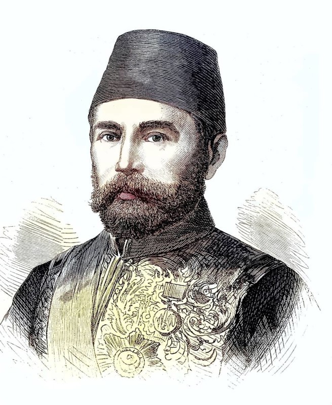 Ahmed Muhtar Pasha (1839–1919), Ottoman field marshal and statesman. He became famous above all for his defence of the eastern frontier during the Russo-Ottoman War (1877–1878), reproduction of a 19th-century original. Authentic, file restored for optimal use, exact date of the original unknown, nostalgically coloured