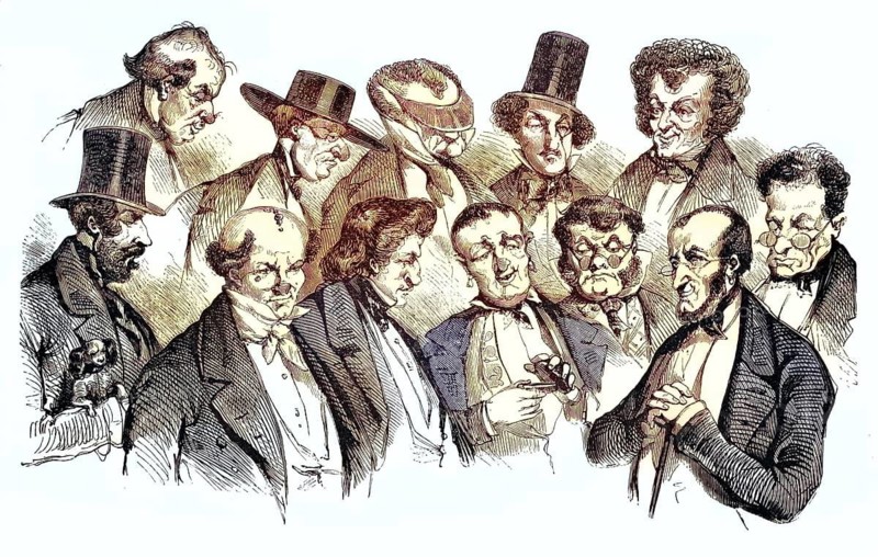 Physiognomy and phrenology. a collection of older men with extremely excessive facial features and head shapes. In the 19th century, it was mistakenly believed that one could tell from the appearance, in particular from the shape of the skull and face, the character, intelligence or even criminal tendencies of a person. Each face expresses a different emotion or character trait, such as skepticism, arrogance, cunning, or naivety, reproduced from a 19th-century model. Authentic, file restored for optimal use, exact date of original unknown, nostalgically colored