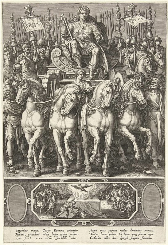 Invehitur Magno Caesar Romana Triumpho, The entry of the great Caesar in the Roman triumphal procession. You can see a Roman Emperor Julius Caesar enthroned on a chariot pulled by four horses, a quadriga, in the course of a magnificent military triumph. He holds a sceptre and is surrounded by soldiers with standards, SPQR, and lances, illustration, reproduction from a 19th-century model. Authentic, file restored for optimal use, exact date of submission unknown, historical
