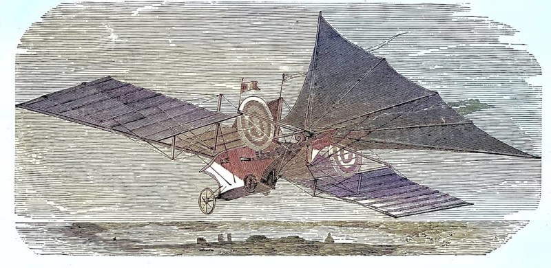 Henson Aerial Steam Carriage, a steam-powered flying machine designed in the mid-19th century. The design is considered to be the first serious and rational design for a motorized aircraft that was heavier than air, reproduced from a 19th-century model. Authentic, file restored for optimal use, exact date of original unknown, nostalgically colored