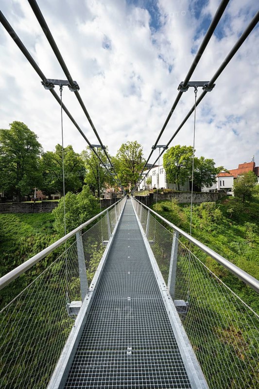 The Neckarline, a pedestrian suspension bridge up to 60 meters high with a wingspan of 606 meters above the Neckar Valley. The tourist attraction, built from a total of 444 tons of steel, serves to connect the historic old town and Bernese Field, where the 246 meter high TK Elevator test tower with the highest viewing platform in Germany is located. The Neckarline is the longest suspension bridge in southern Germany, Rottweil, Rottweil district, Baden-Württemberg, Germany