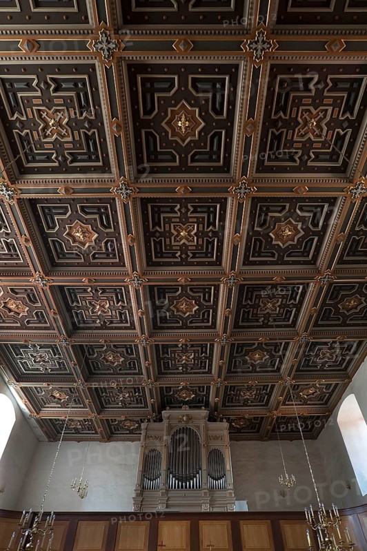 Cassette ceiling and organ gallery of the Church of the Assumption of Mary, Ostritz, Upper Lusatia, Saxony, Germany