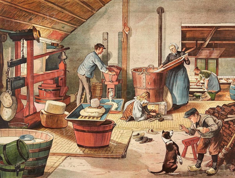 Artisanal cheese production in a rural area around 1910 in Holland. On the right side, a woman is stirring in a large, copper kettle, which is heated over a fireplace. Here, the milk is heated in front of the rennet is added to thicken it. In the background, a man operates a hand-operated quark mill, school picture, illustration, reproduction of a model from the 19th century. School picture, mural, authentic, file restored for optimal use, exact date of original unknown, historical