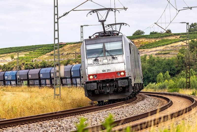 Freight train in the Neckar loop of the Neckar. Lauffen am Neckar, Baden-Württemberg, Germany