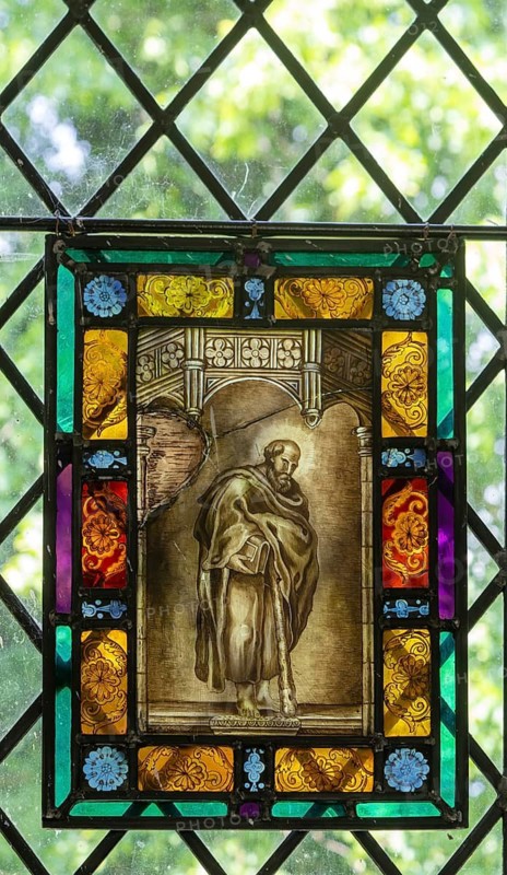 Stained glass depiction of Saint James the Less, by C. J. W. Winter c 1840, church of Saint Andrew, Winston, Suffolk, England, UK