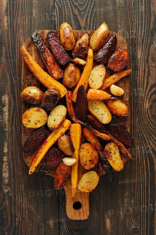 Vegetables placed on wooden board show variety of colors and shapes. Potatoes, carrots and beets are roasted and cooked. Scene captures preparation of healthy meal in home kitchen