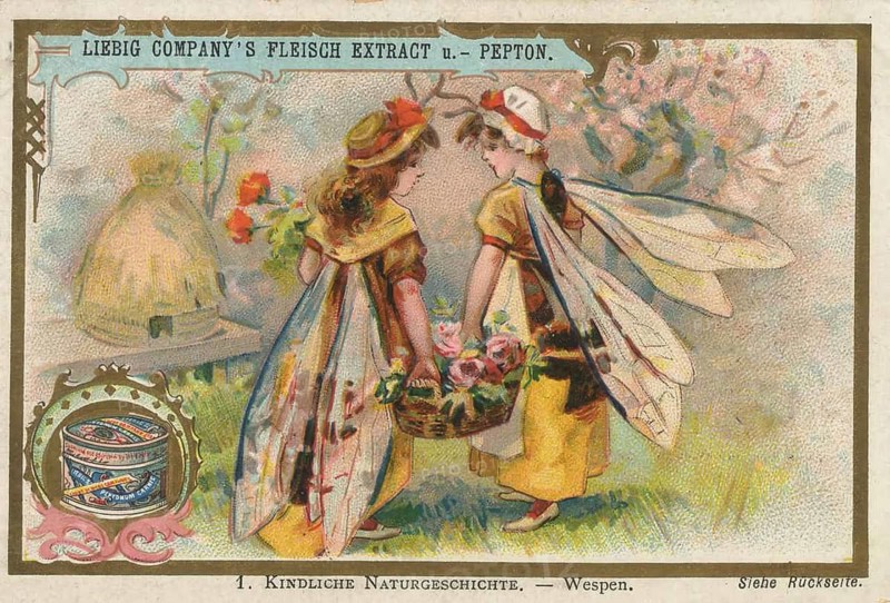 Picture series Children's Natural History, two children in imaginative costumes with insect wings depicting a wasp and a bee, next to a beehive, picture of love, digitally restored reproduction of a collector's painting from around 1900, exact date unknown