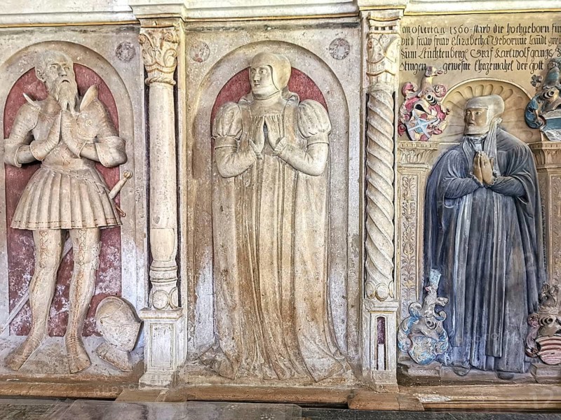 Epitaphs, grave monuments, of the Counts of Oettingen in the Castle Church of St. Michael at Harburg Castle, Harburg, Donau-Ries district, Swabia, Bavaria, Germany