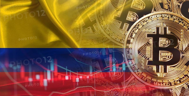 Bitcoin cryptocurrency with Colombian flag. Investors in Blockchain Technology with Colombia flag background