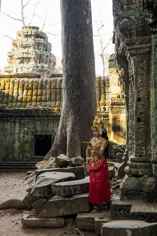 Young woman dressed as a temple dancer, Apsara, Ta Prohm, Angkor Wat, Angkor, UNESCO World Heritage Site, Siem Reap, Cambodia, Indochina, Southeast Asia