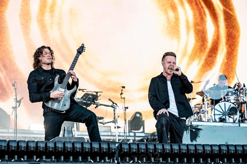 Guitarist Adam Christianson (left) and singer Sam Carter (right) from the British metalcore band Architects performing live on the Utopia Stage during the Rock im Park festival at the Zeppelinfeld in Nuremberg, Germany, on 7 June 2026