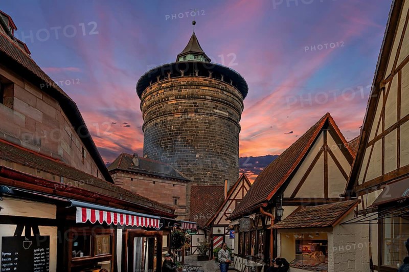 Handwerkerhof and historic Frauenturm with evening sky, Nuremberg, Middle Franconia, Bavaria, Germany