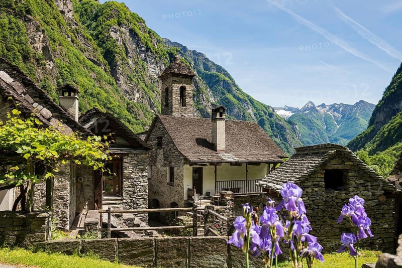 Picturesque mountain village with traditional old stone houses, Foroglio, Bavona Valley, Valle Bavona, Maggia Valley, Valle Maggia, Canton of Tessin, Switzerland
