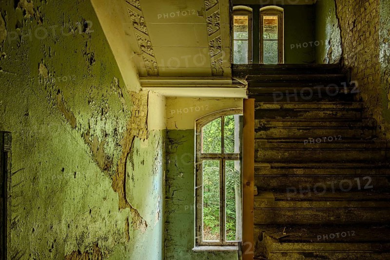 Staircase in a dilapidated building, former lung hospital and lost place health resort Grabowsee, Oranienburg, Brandenburg, Germany