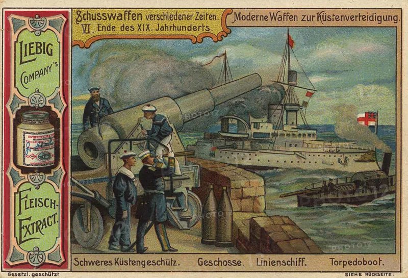 Series of pictures of firearms from different times, depicting modern coastal defense with a heavy gun, a liner and a torpedo boat, favorite image, digitally restored reproduction of a collector's painting from around 1900, exact date unknown