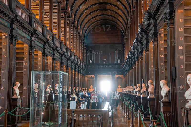 Spacious room in a library with busts and columns looking at people, Trinity Collage, Dublin, Ireland