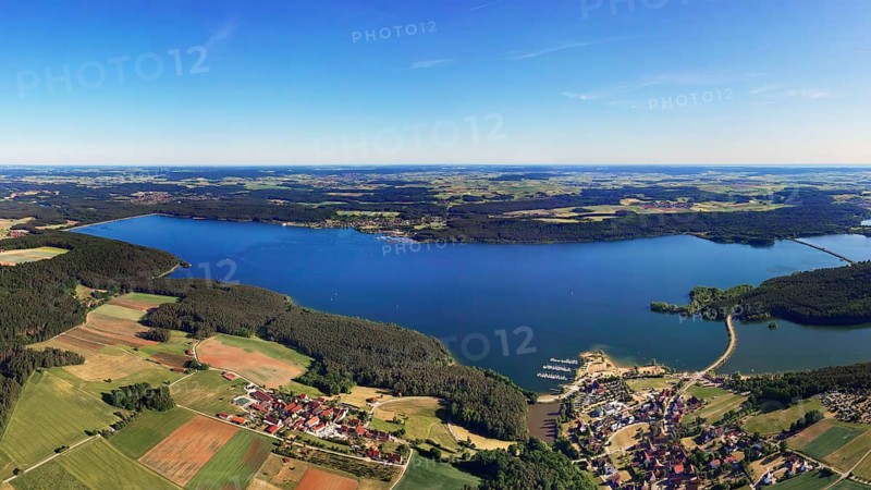 Aerial view, Großer Brombach lake, bottom right end of the lake, left of it Ottmansberg, Franconian Lake District, reservoir, still water, surrounding area, food recreation area, Weissenburg-Gunzenhausen district, Middle Franconia, Franconia, Bavaria Germany