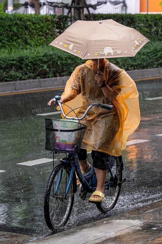 Female cyclist with umbrella in rain, Bangkok, Thailand