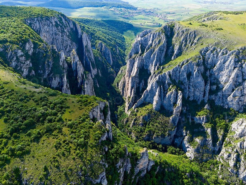 Aerial view of a green mountain gorge with imposing cliffs and clear sky, aerial view, Cheile Turzii, Turda Gorge, Thorenburg Gorge, Turda, limestone gorge in the Trascau Mountains, Trascau, nature reserve, Western Carpathians, Transylvania, Romania