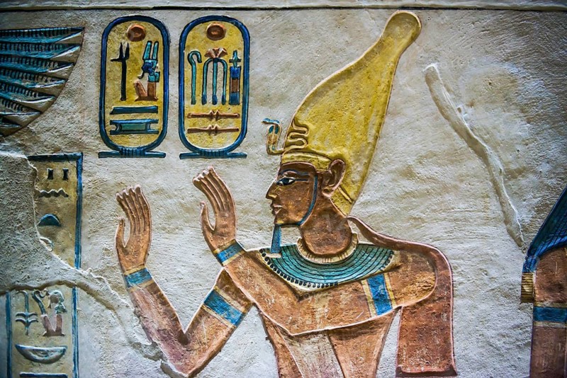 Colourful reliefs and wall paintings, Tomb, Valley of the Queens, UNESCO World Heritage Site, Thebes, Luxor, Egypt
