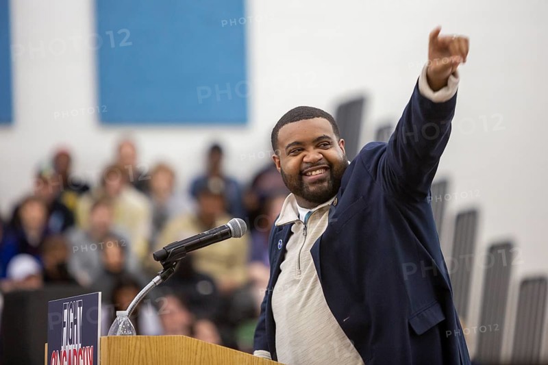 Detroit, Michigan - Michigan state representative Donavan McKinney, who is running for a Congressional seat, speaks at Senator Bernie Sanders 'Fighting Oligarchy' rally