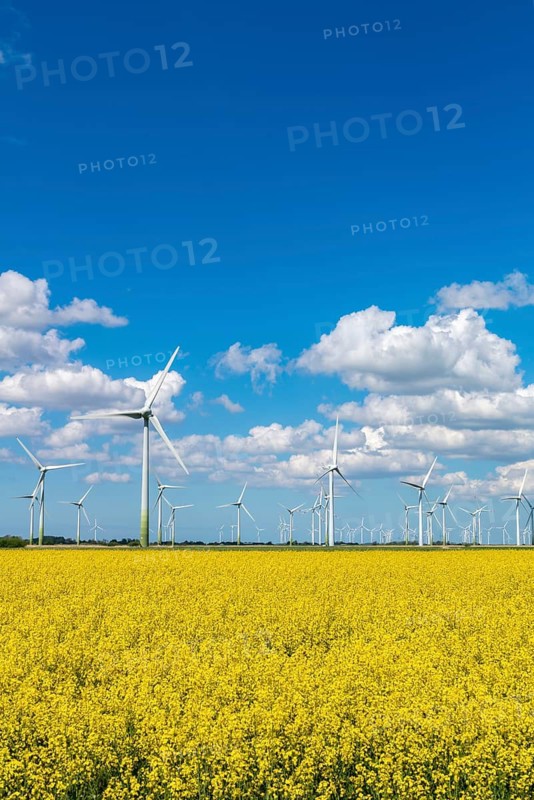 Wind turbines in the Reußenköge Bürgerwindpark, North Frisia, clean energy, power generation, economy, technology, blooming rapeseed, agriculture, blue sky, spring, west coast of Schleswig-Holstein, Germany