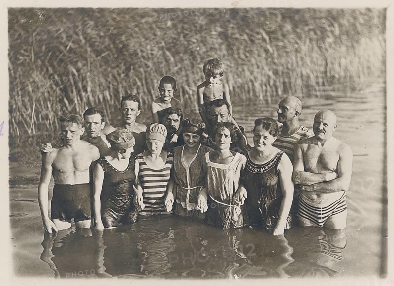 Rangsdorf bei Zossen_bei Berlin_Brandenburg_Baden, swimwear, woman, men, children, leisure, fun, summer, A group of people in bathing suits standing in the water surrounded by reeds, 1926
