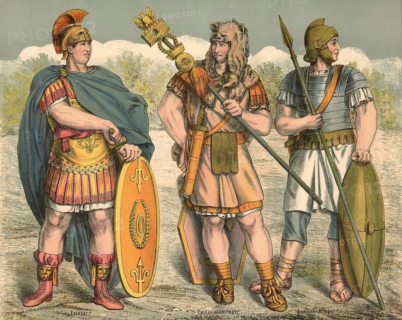 Three different ranks of the Roman military, a general, high-ranking military commander or general, a field sign bearer, signifer or aquilifer and a common warrior, infantry soldier or legionary. Presentation of military structures that developed from the time of the Punic Wars to the imperial period, school picture, illustration, reproduction from a model from the 19th century. School picture, mural, authentic, file restored for optimal use, exact date of original unknown, historical