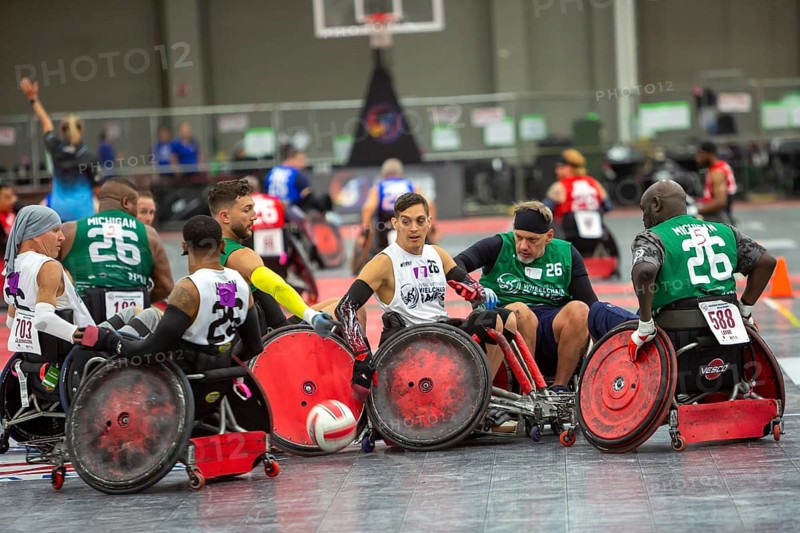 Detroit, Michigan - The National Veterans Wheelchair Games, an annual event sponsored by the Paralyzed Veterans of America and the Department of Veterans Affairs. Wheelchair rugby is an aggressive sport that was originally called 'murderball.'