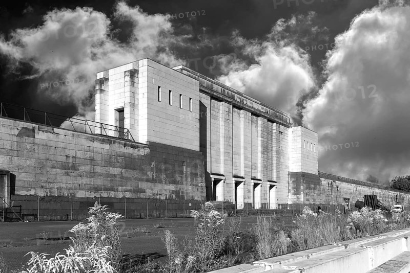 Back view of the main stand of the Zeppelin field on the former Reichsparteitagsgelände, cloudy sky, black and white, Nuremberg, Middle Franconia, Bavaria, Germany