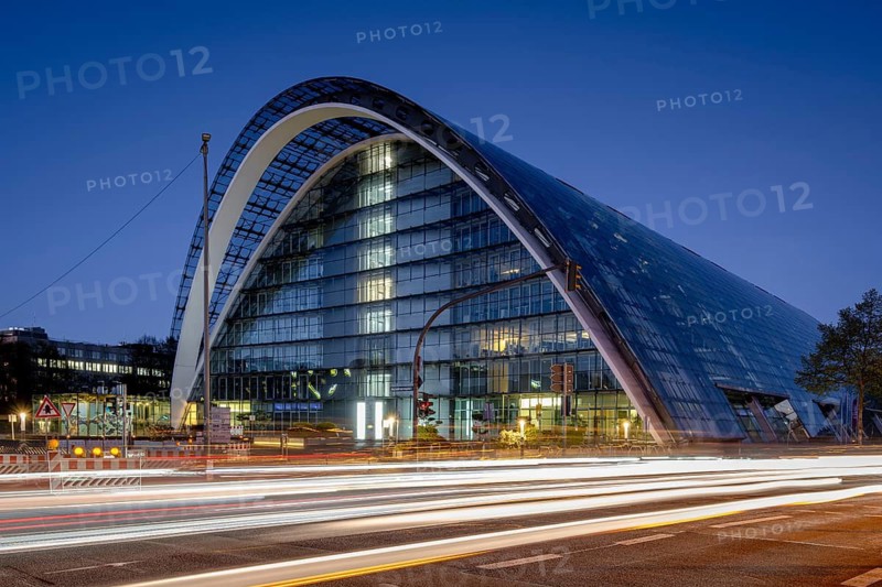 BBCC Berliner Bogen Conference Center at blue hour with light strips of vehicles in the foreground, Hammerbrook, Hamburg, Germany