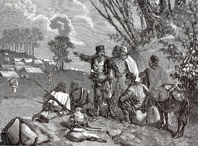 Russo-Ottoman War (1877–1878), encampment of irregulars and volunteers, Haiduks, Bulgaria, illustration, reproduction of a 19th-century original. Authentic, file restored for optimal use, exact date of the original unknown, historical