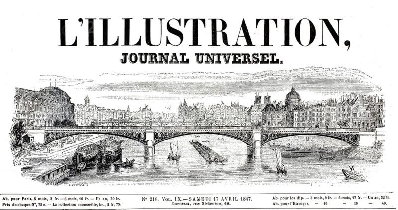 Header of the April 17, 1847 issue of the French illustrated weekly L'Illustration, Journal Universel. The illustration shows a historical view of Paris, with a view of the Seine and a bridge, illustration, reproduction from a 19th-century model. Authentic, file restored for optimal use, exact date of submission unknown, historical