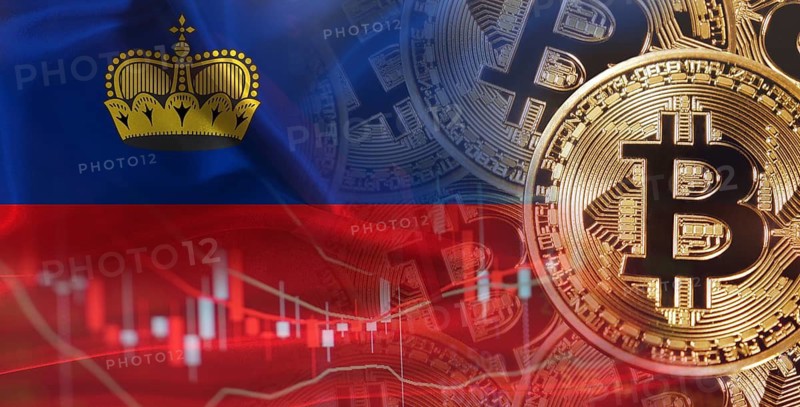 Bitcoin cryptocurrency with Liechtensteiner flag. Investors in Blockchain Technology with Liechtenstein flag background