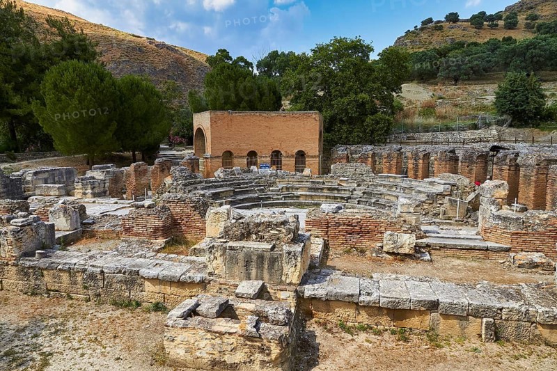 Odeion, Odeum, ancient amphitheatre surrounded by trees and hills, Gortyn, Gortyna, Gortys, ancient city in central southern Crete, later capital of the Roman province of Creta, Crete, Greek Islands, Greece
