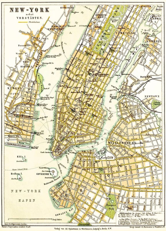 City map of New York and suburbs, East River, Hudson, docks, Central Park, Brooklyn, Manhattan, Broadway, Ellis Island, street system, checkerboard pattern, scale, major city, travel destination, railroad, cartography, name, district, 19th century, USA, North America, geography, colored historical illustration 1877