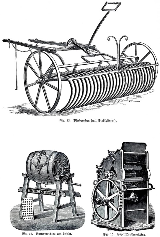 Agricultural machinery, horse rakes with steel teeth, Lefeldt butter machine, Schönfeld, crank, barrel, stand, Göpel threshing machine, work, horse, draft animal, metal, manufacturing, butter, gear, technology, mechanics, mechanization, 19th century, historical illustration 1891
