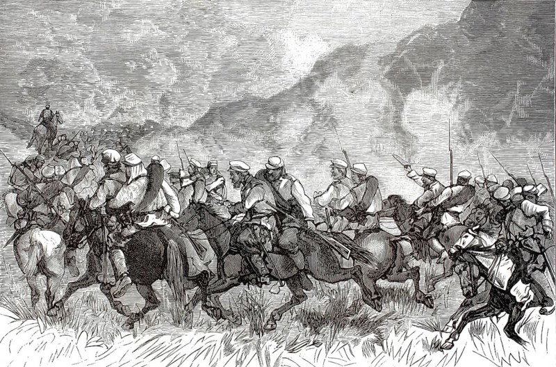 Scene from the Russo-Ottoman War (1877–1878) at the Shipka Pass. This strategically crucial mountain pass in Bulgaria was the scene of several bloody battles in 1877. Russian troops and Bulgarian volunteers defended the pass fiercely against the Ottoman army, illustration, reproduction of a 19th-century original. Authentic, file restored for optimal use, exact date of the original unknown, historical