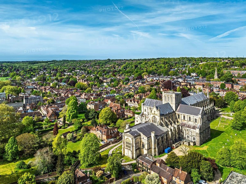 Winchester Cathedral from a drone, Winchester, Hampshire, England, United Kingdom