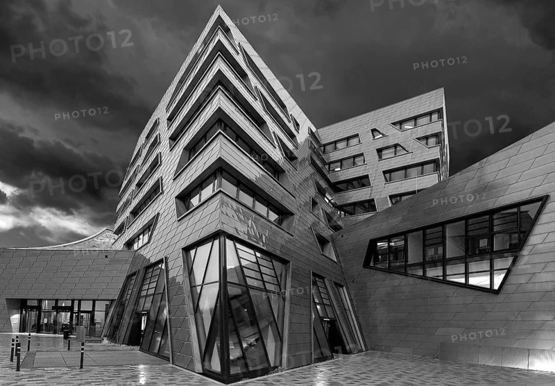Modern university building built by American architect Daniel Liebeskind, black and white, Lüneburg, Lower Saxony, Germany