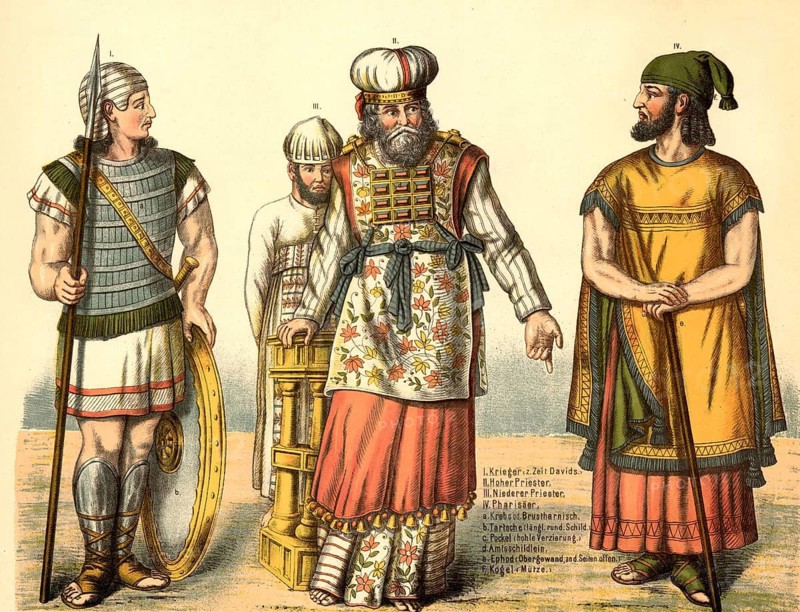 Historical reconstruction of Hebrew and biblical vestments from ancient times, various biblical figures, including warriors from the time of David, high priest and Pharisee, school painting, illustration, reproduction from a model from the 19th century. School picture, mural, authentic, file restored for optimal use, exact date of original unknown, historical
