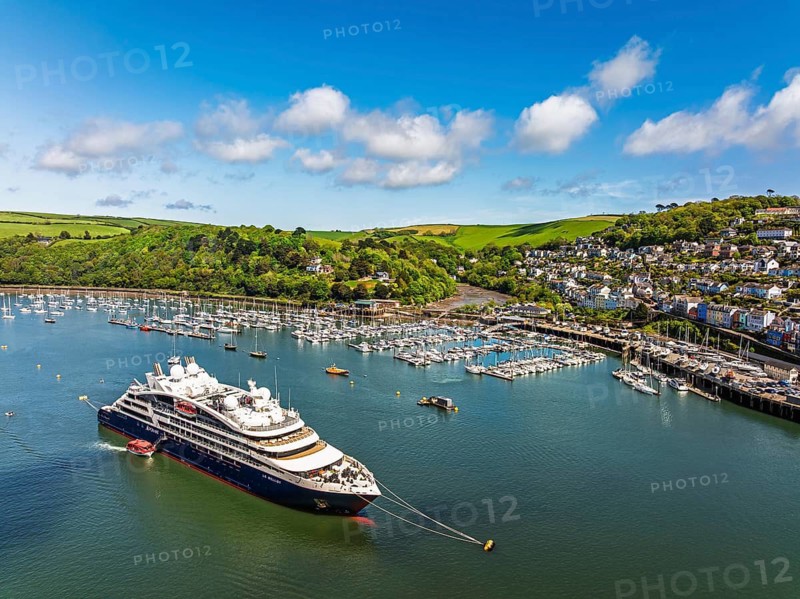 Le Bellot cruising ship on River Dart from a drone, Ponant Explorers, Dartmouth and Kingswear, River Dart, Devon, England, United Kingdom