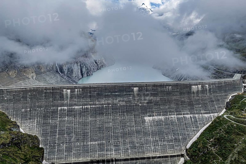 Grande Dixence dam, tallest concrete gravity dam in the world, lake Lac des Dix, aerial view, Switzerland