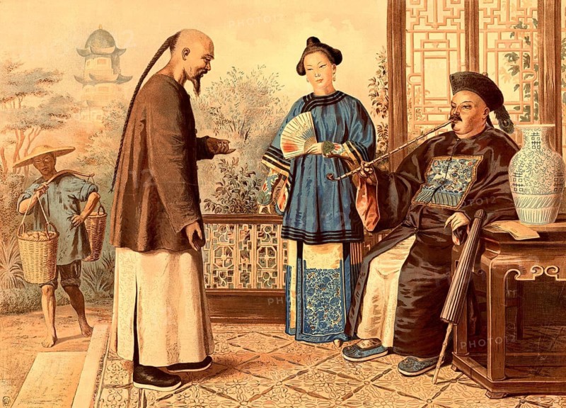 Chinese official, Mandarin, with his servant. He wears a fine robe with a square rank insignia, Buxiang, on his chest, a typical official bell cap and a long traditional opium pipe. The woman in the background is wearing a richly decorated qipao-like robe with wide sleeves and holds a fan in her hand. The supplicant shows the braid hairstyle, school picture, illustration, reproduction from a model from the 19th century, which is obligatory for Manchu rule. School picture, mural, authentic, file restored for optimal use, exact date of original unknown, historical